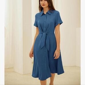 Grace Karin Linen Blend Shirt Dress XL Blue Tie Waist Midi Coastal Classic Chic